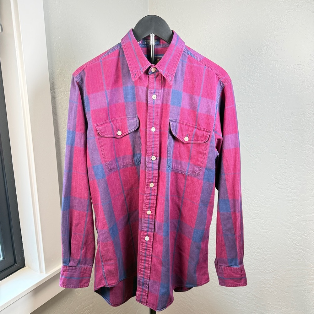 Vintage 90s Chaps Ralph Lauren Plaid Workwear Button Down Shirt Pink Blue Size M